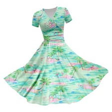 Womens Beach Scenery V Neck Midi Dress Coconut Tree Print Short Sleeve Sundress