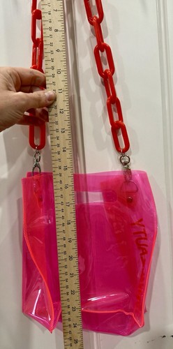Hot Pink Transparent Purse With Red Chain link Strap INN BEAUTY Logo On The Side - Picture 7 of 7