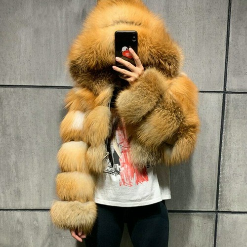 Women Winter Real Red Fox Fur Coats Hooded Full Pelt Thick Warm Overcoat Jackets
