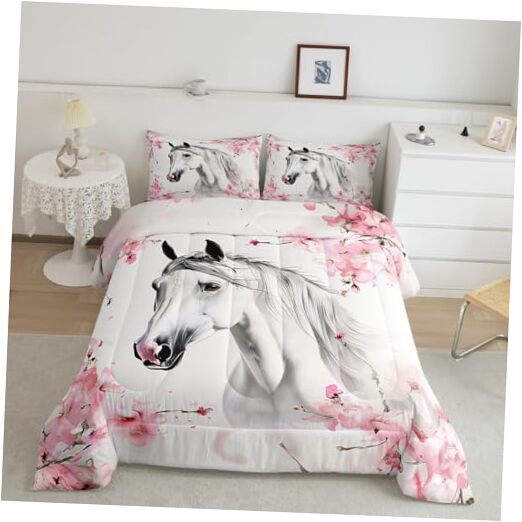 Kids Boys Girls Horse Bedding Set Cherry Blossom Comforter Queen Multi 02