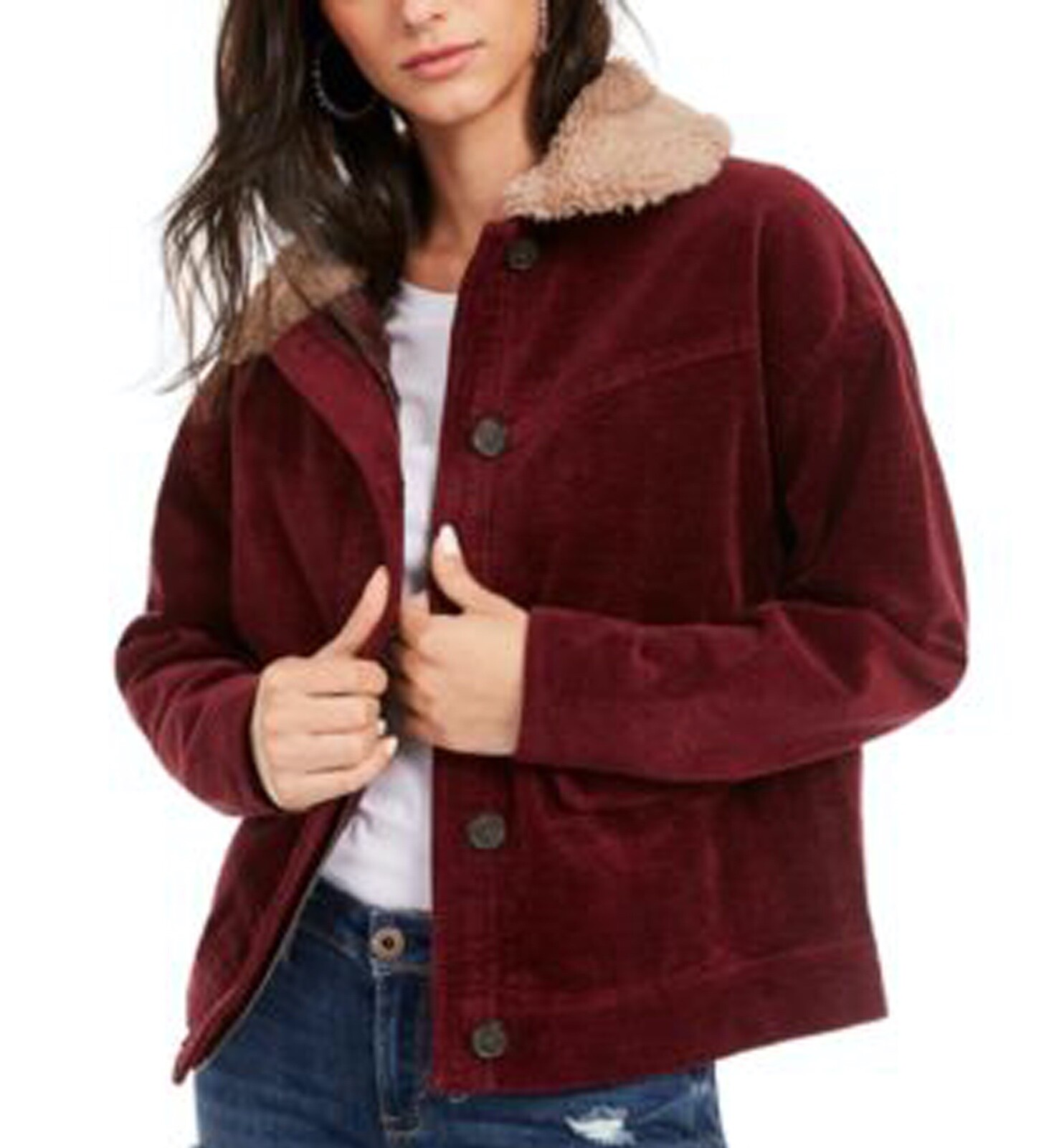 American Rag Juniors' Faux-Sherpa Trimmed Corduroy Jacket, Created for Macy's - Windsor Wine