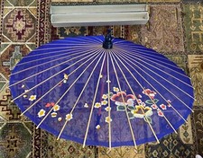 Vintage Asian Blue Floral Pattern Umbrella W/ Box Antique Sun Umbrella W/ Box