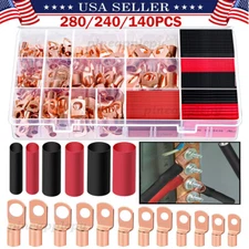 240Pcs Battery Copper Wire Cable Lugs Kits Heavy Duty Ring Terminals Connectors