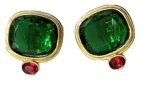 Kenneth Jay Lane KJL Earrings Green Red Gold plated Emerald Drop Crystal Vintage