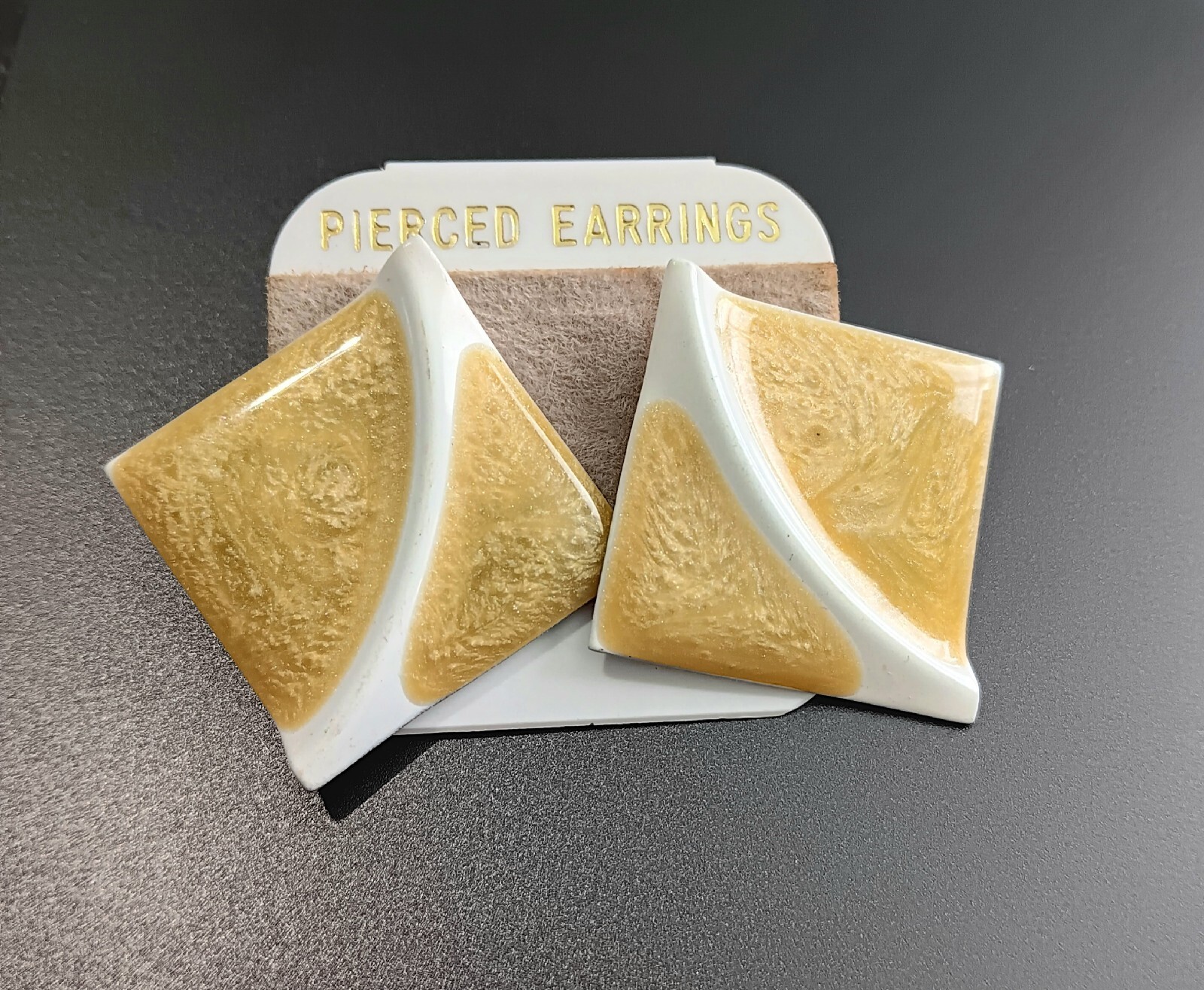 Square Metal Enamel Green White Pierced Earrings on Card