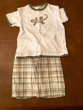 Janie and Jack Green Tan Brown Plaid Cotton Shorts and Iguana Tee Size 6