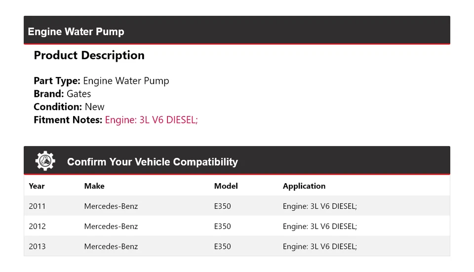 Para Mercedes-Benz E350 2011-2013 3L V6 Motor Diesel Bomba Agua Puertas 2012 Foto 2 de 4