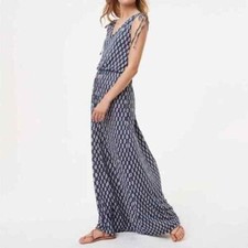LOFT Maxi Dress Small Ikat Blue Red White Cap Sleeve Elastic Waist Scoop Neck