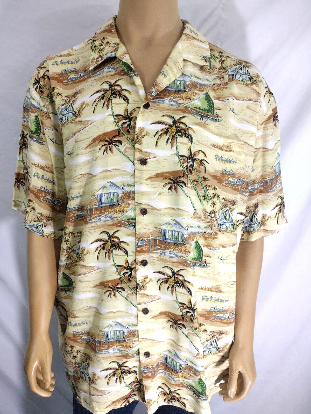 KALAHEO Casual SS Hawaiian Shirt Mens 2XL Yellow Tan Tiki Palms Outriggers Rayon