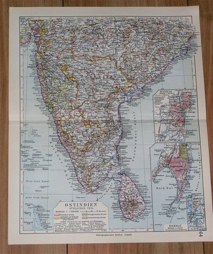 1924 VINTAGE MAP OF SOUTHERN BRITISH INDIA / MUMBAI BOMBAY MADRAS HYDERABAD