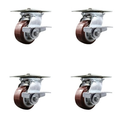 4 Inch Heavy Duty Polyurethane Caster Set with Roller Bearings and Brakes SCC