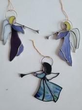 Set 3 Vintage Handmade Stained Glass Suncatcher Angels Blowing Horn Trumpet