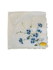 Vintage Embroidered Blue Floral Ladies Handkerchief Switzerland New