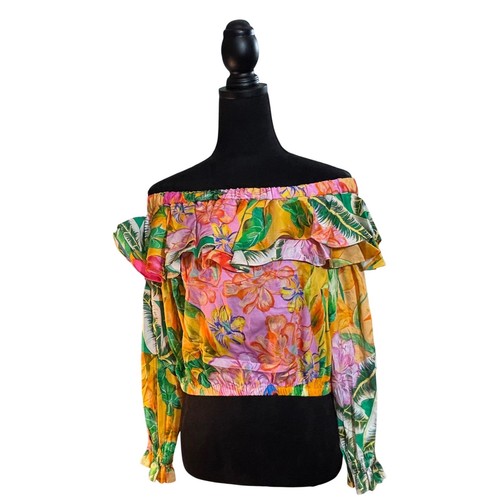 Alden, Alden Adair Kelly Top Santiago Floral Off Shoulder Ruffle Crop Blouse NWT L