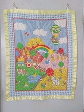 Vintage Quilted Satin Trim Baby Crib Blanket Throw Farm Rainbow Sun Animal 36x46