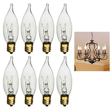 8 Night Light Bulbs Clear Candelabra Base Flame Tip 120V Decor Chandelier 60watt