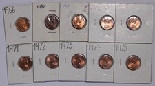 Australia 1 Cent 1966 - 1975 incl key 1968 ; 10  Unc Coins in 2x2 s Mostly RD
