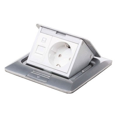 Einbausteckdose Fußbodensteckdose 2-fach Netzwerk RJ45 & Schuko Edelstahl Klappe
