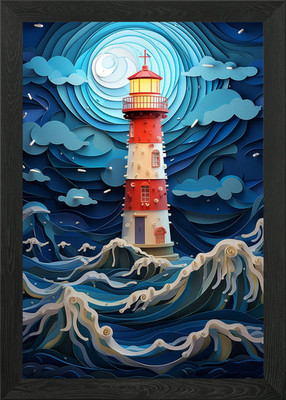 Lighthouse in the storm Framed Wall Art Poster Canvas Print Picture