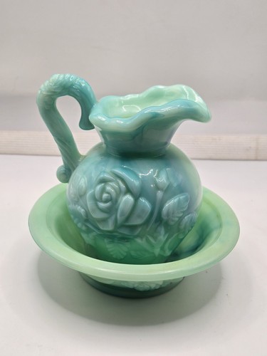 Vintage Avon Bath Oil Milk Glass Decanter And Plate Jadeite Rose Floral Bottle