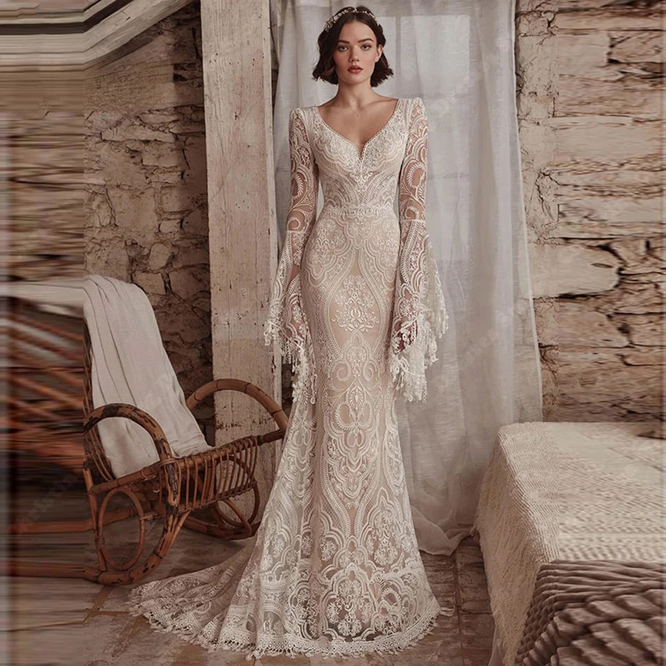 Vintage Wedding Dresses Lace Long Sleeves Bohemian Lace Appliques Bridal Gowns - Image 3 of 4