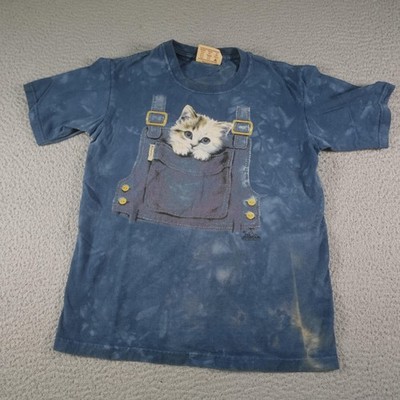 Vintage The Mountain Cat Shirt Youth Large Blue Kitten Overalls Graphic 90s AOP