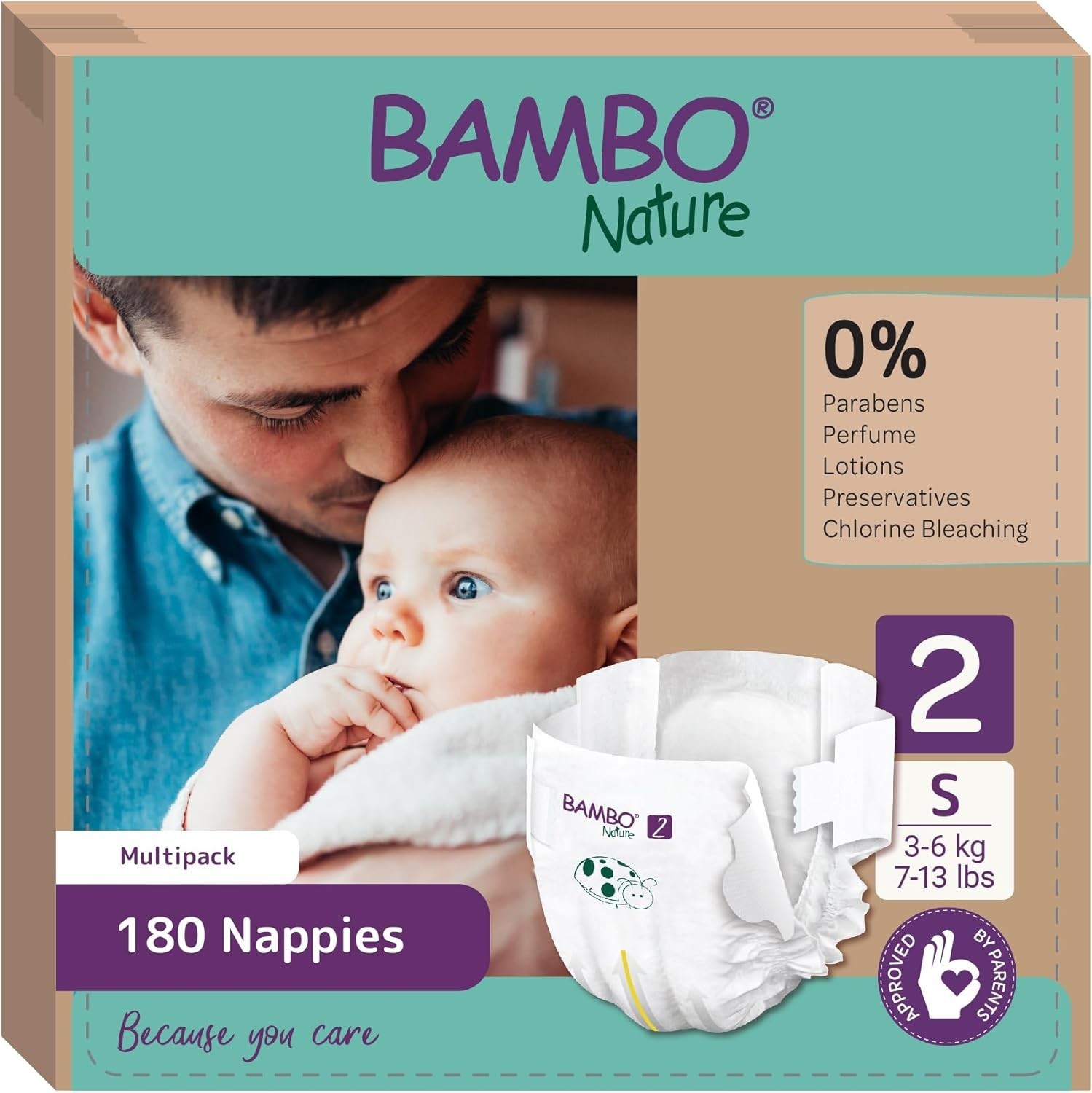 Bambo Nature Premium Eco Nappies, Size 2 Nappies (7-13lb/3-6kg), Mini, 180PK Eco-Labelled Nappy, Enhanced Leakage Protection, Secure and Comfortable Baby Nappies - Image 2