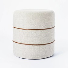 Catalina Round Ottoman Cream with Leather Piping - Threshold designed