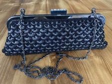 LEKO London Black Beaded, Sequined, Metallic Threads Evening Clutch Bag, Strap