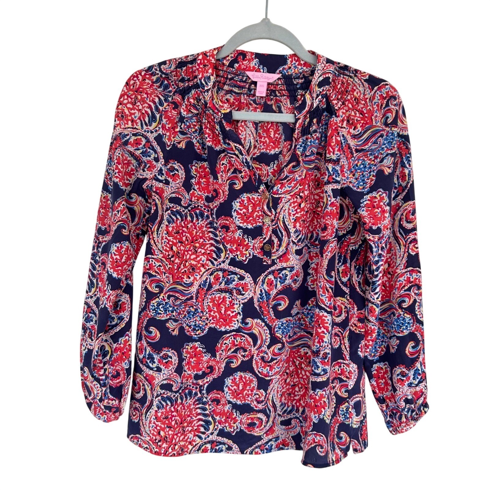 Lilly Pulitzer Blouse Floral Print Smocked Neck XXS 100% Silk Peasant Boho Beach