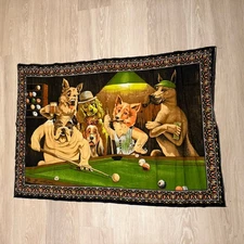 Vintage 1970s Dogs Playing Pool Billiards Wall Hanging Tapestry Large 58”x38”