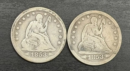 Lot of 2 1853 25c Seated Liberty Quarter - Arrows & Rays  Fine Details