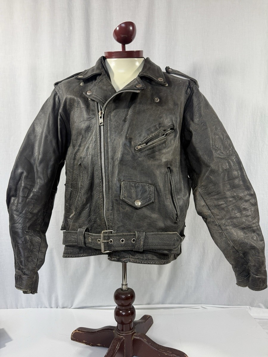 VTG L Black Motorcycle Excelled Biker Leather Jacket Worn Patina