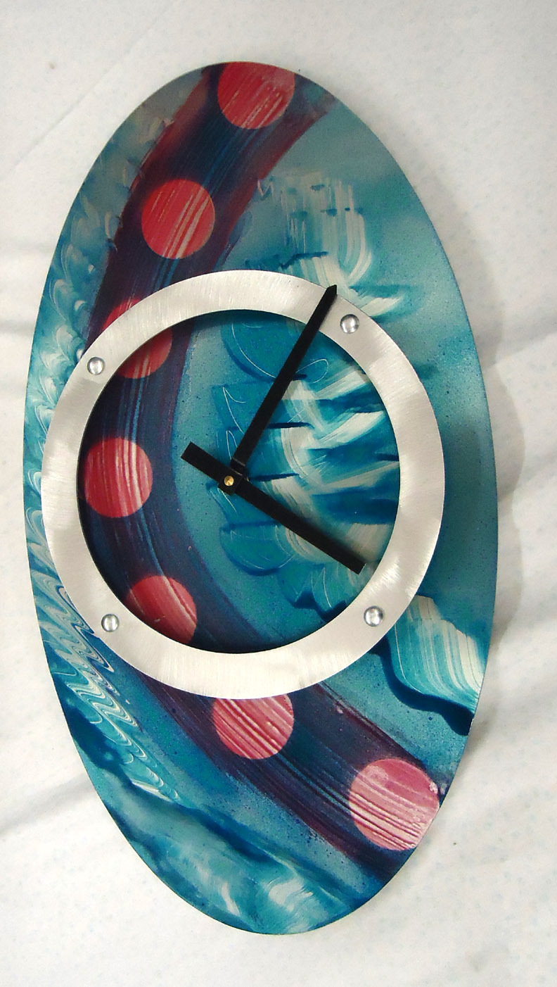 MODERN/CONTEMPORARY BLUE WITH RED CIRCLES HAND PAINTED OVAL SHAPED CLOCK #158