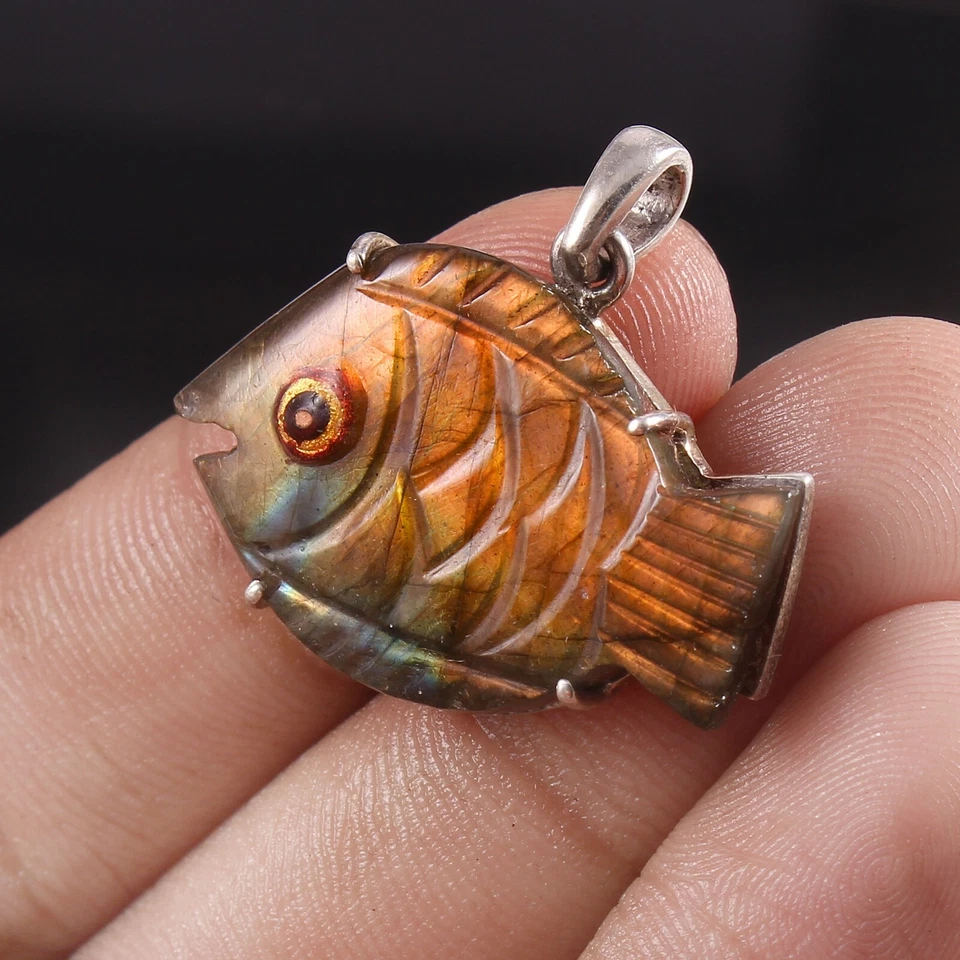 925 Sterlingsilber Natürlich Labradorite Edelstein Schnitzerei Fisch Anhänger - Bild 4 von 4