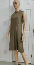 NWT $98 Women T Tahari Linen Blend A-Line Dress Olive Sleeveless Stretch Size 8 
