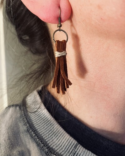 Brown Leather Cord Tassel Earrings BOHO Handmade 2" Drop - Picture 4 of 4