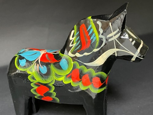 Vtg MCM Dala Horse - Grannas A. Olsson Sweden 6"hx6"l Black Body Orig. Label - Picture 2 of 9