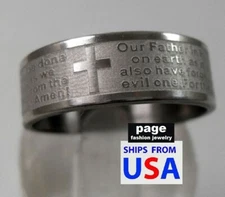 Christian Cross Polished Stainless Steel English Lords Prayer Ring Size 7.5-12.5