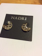 $50 Nadri Pave Gold Tone Cresent Moon Stud Earrings Item #226