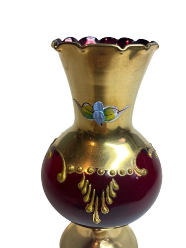Bohemian Ruby Glass Vase Gold Egermann Art Glass Bud Vase Moser Style Flowers - Picture 4 of 12