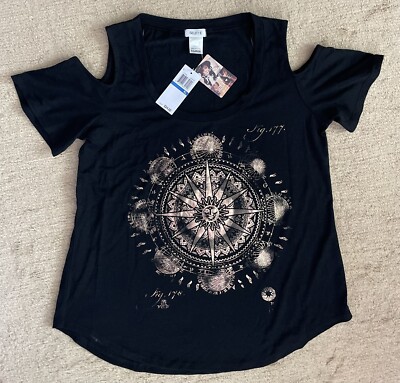 NEW SELF E Juniors Cutout Tee T-Shirt Cold Shoulder Black Gold Sun Celestial XL