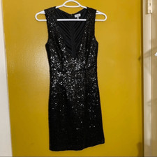 TOBI Shimmering Sequin Dress Stretch Black Plunging Neckline Size Small