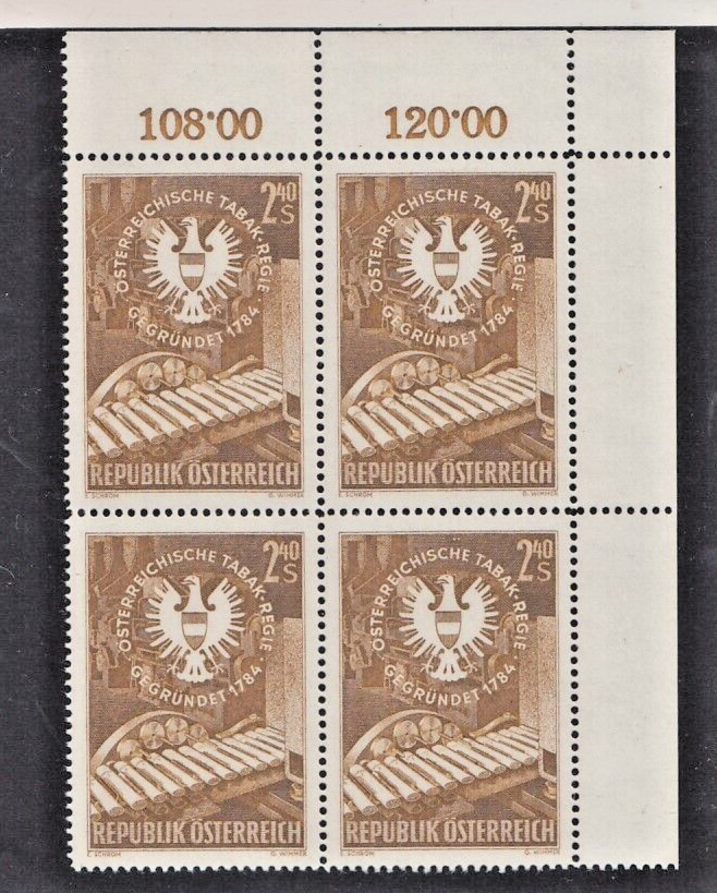 austrian tobacco AUSTRIA 1959 175th TOBACCO 2,40s dark olive A186 MNH BLOCK OF 4 (F143)