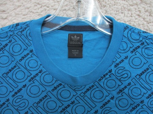 Adidas Shirt Medium Youth Blue Spell Out Logo All Over Print Casual Cotton Boys - Picture 3 of 8