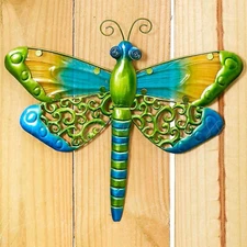 Colorful Glass Dragonfly Wall Art 3D Sculpture Hanging Fence Patio Garden Decor