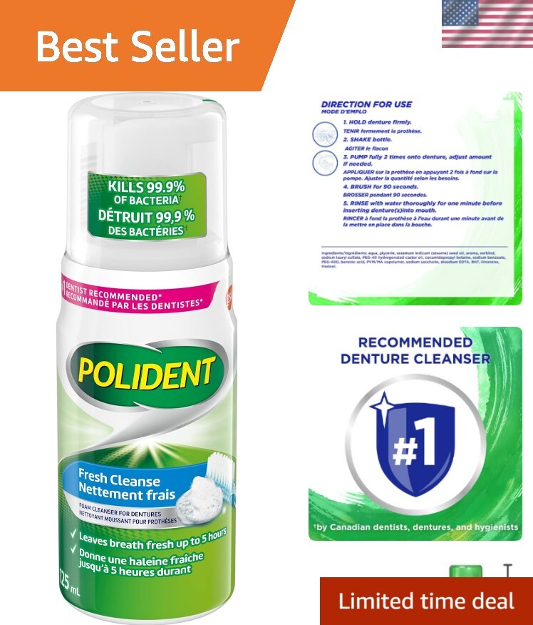 Refreshing Foam Denture Cleaner by Polident, 125ml - Freshens with Every Use