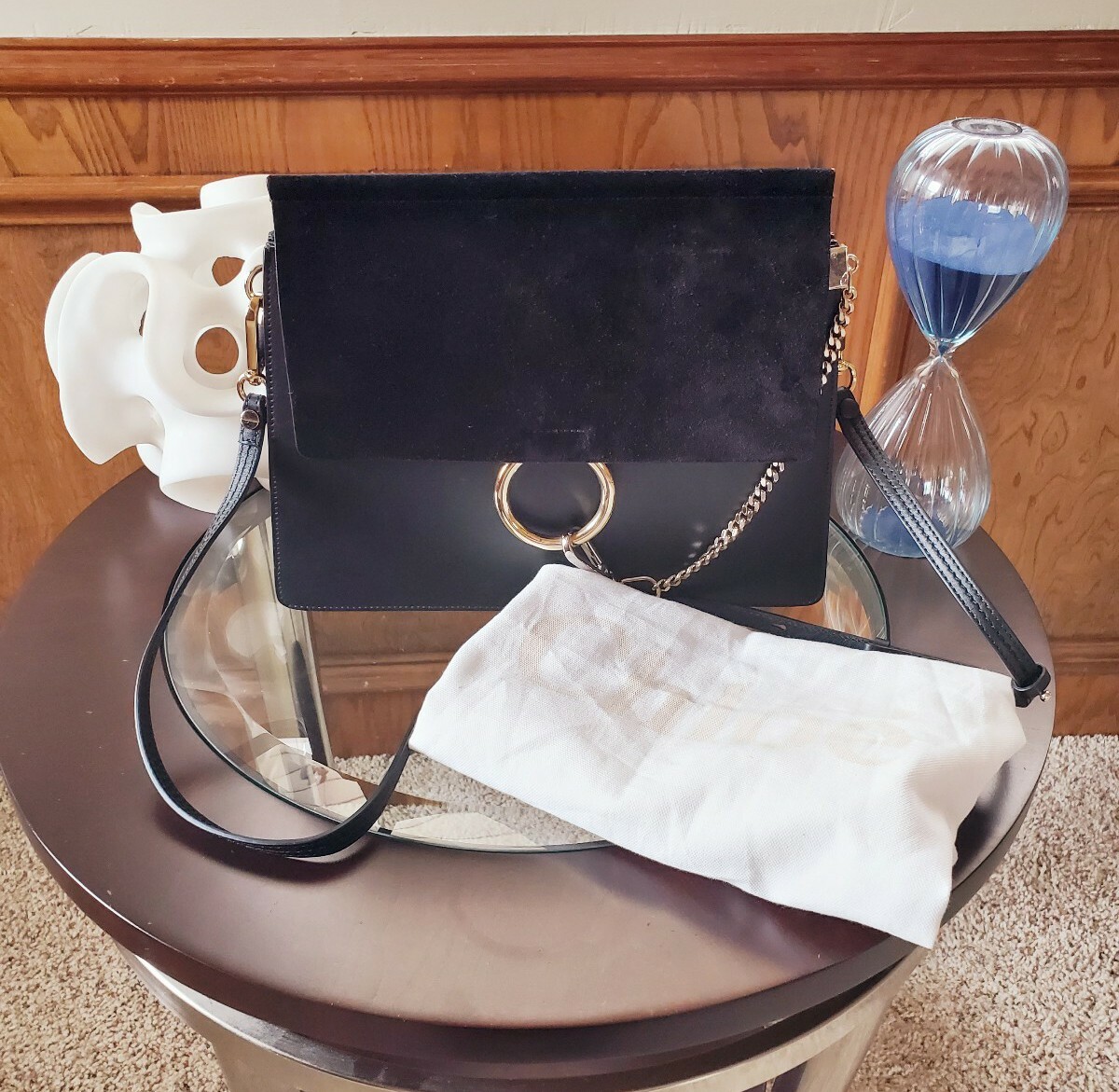 Chloe Faye black leather suede ring chain detail shoulder Chloe Faye black leather suede ring chain detail shoulder