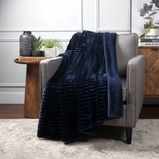 Life Comfort Textured Faux Fur Throw 60" x 70"  Navy Blue Blanket