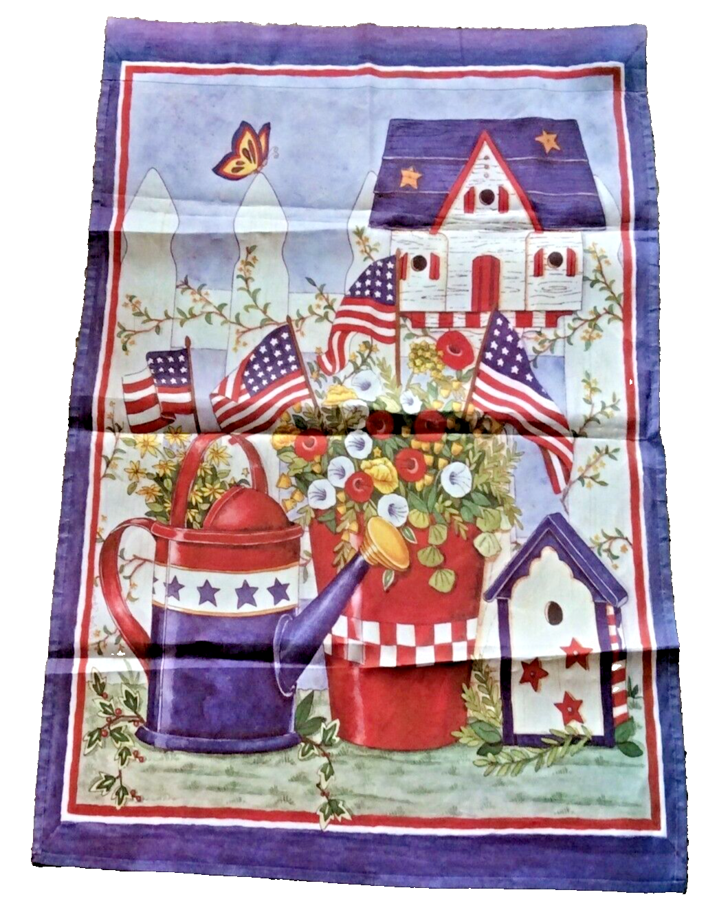 Patriotic America Garden Flag with Bird Houses Watering Can Flowers 36x24.5 Inch